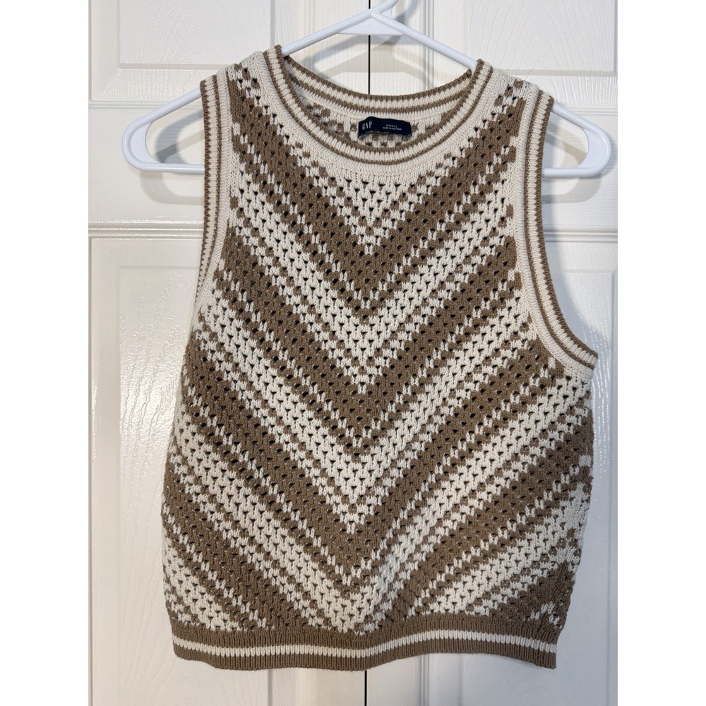 Gap Sweater Vest Crochet Tan/White Size Small